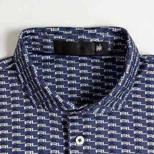 Ralph Lauren RLX Polo Shirt Mens M Navy Blue All Over Logo Golf Performance